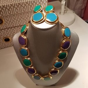 Blue Green Purple Gold Earring and Necklace Set
